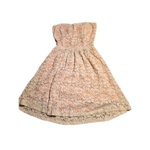 Y2k Deb Strapless Lace Mini Dress Peach Ivory Bow Back Cutout Skater Party Dress